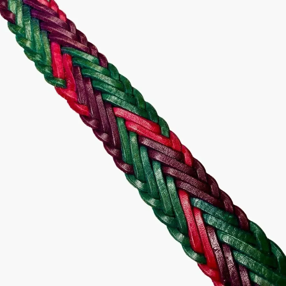 Multicolor Braided Leather Belt in Pink/Purple/Teal Green